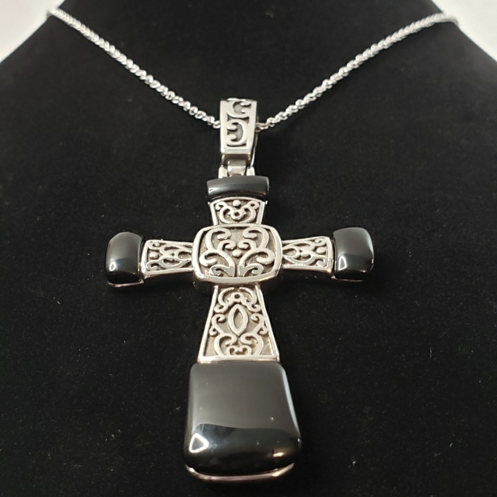 NIB Black Onyx Silver tone Stainless Steel Cross Necklace